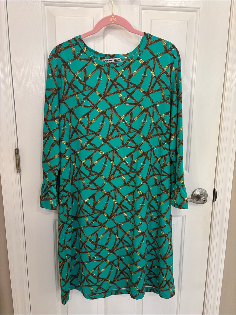Teal Long-Sleeve Chain-Print Shift Dress